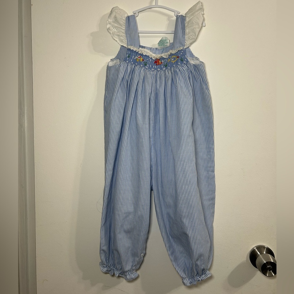 Alison Scott Vintage Girls Smocked Overall Romper with Embroidery